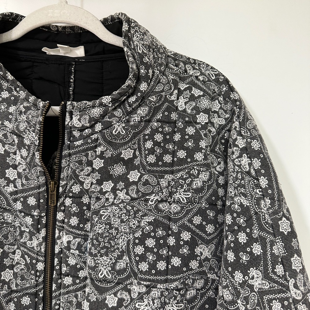ODDI Paisley Bandana Quilted Bomber Jacket Womens 2XL Black White Zip Up Cowgirl